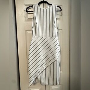 EUC White House Black Market White Stripes Asymmetrical Dress